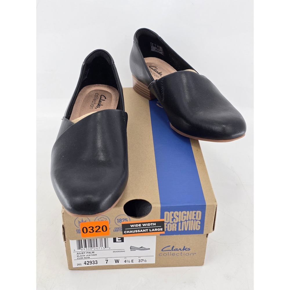 Clarks Juliet Palm Loafers Womens 7W WIDE Black Leather Slip On Shoes -Excellent